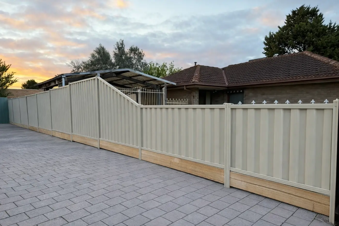 Cream Colorbond fence with a timber board along the bottom, and a sloped panel stepping down in height along a paved driveway