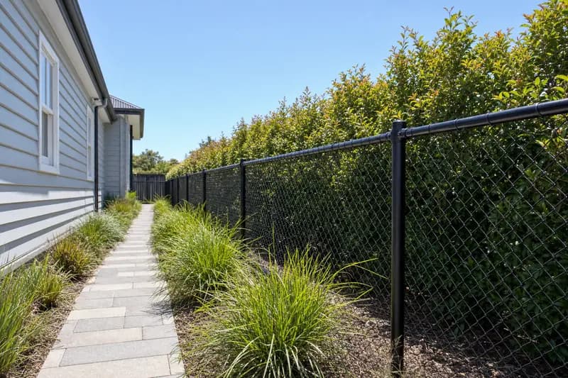 Black chain mesh cyclone fence along the side garden of a Melbourne home