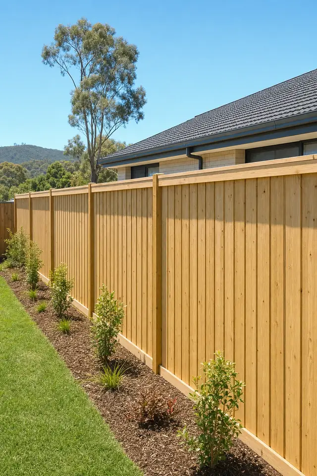 New timber paling fence along the boundary between two suburban backyards